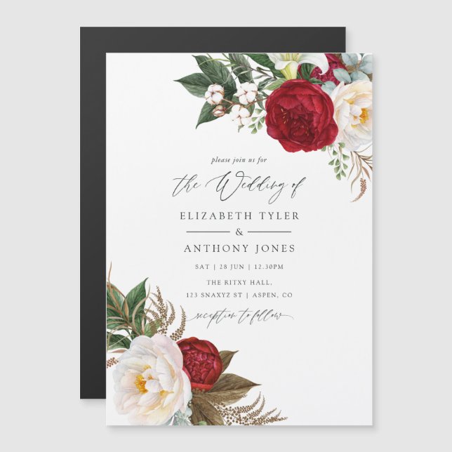 Invitation Magnétique Boho Bourgogne - Mariage Floral Marsala (Devant / Derrière)