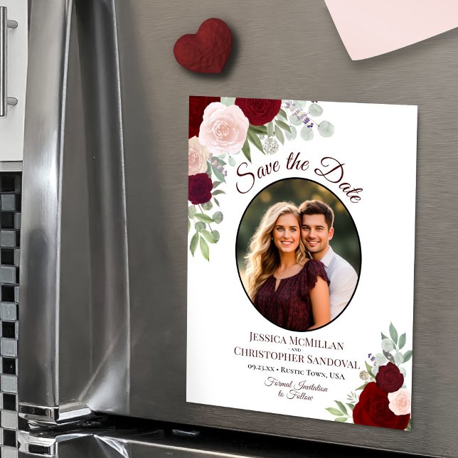 Invitation Magnétique Boho Chic Red Floral & Mariage photo Enregistrer l (Magnetic Card for Easy Display!)