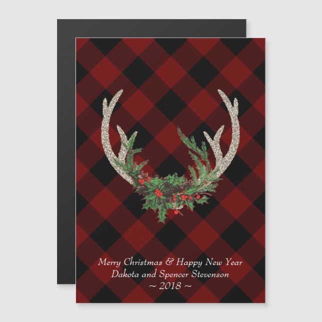 Invitation Magnétique Boho Deer Antlers| Floral plaid de Noël (Devant / Derrière)