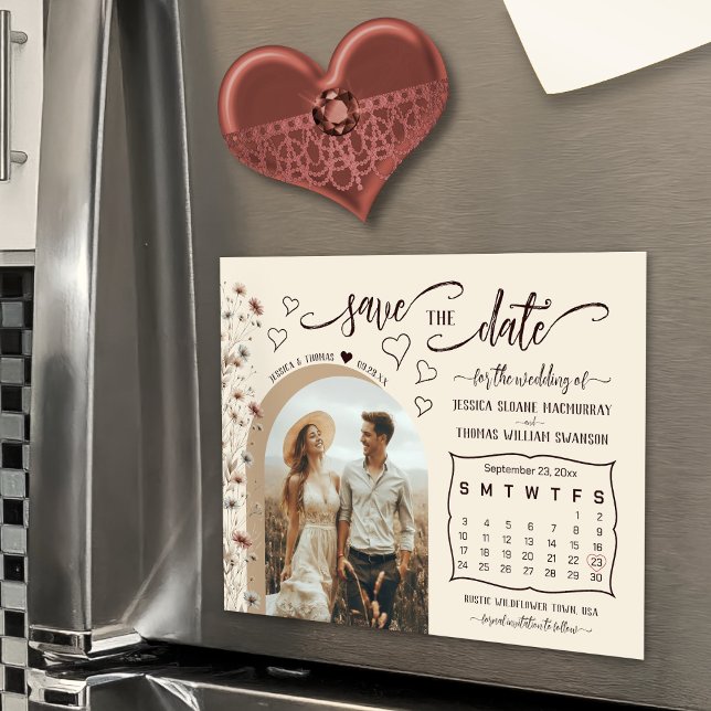 Invitation Magnétique Boho Wildflowers Calendar & Photo Save the Date (Magnetic for Convenient Display!)