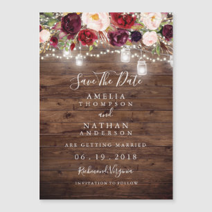 Invitation Magnétique Bois Rustique Bourgogne Lumières Florales Enregist