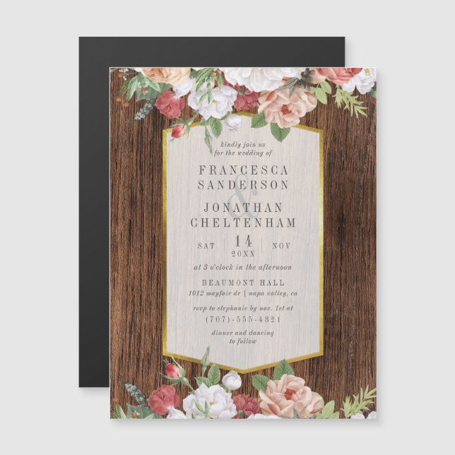 Invitation Magnétique Bois rustique et élégant bouquet de rose| Mariage (Devant / Derrière)
