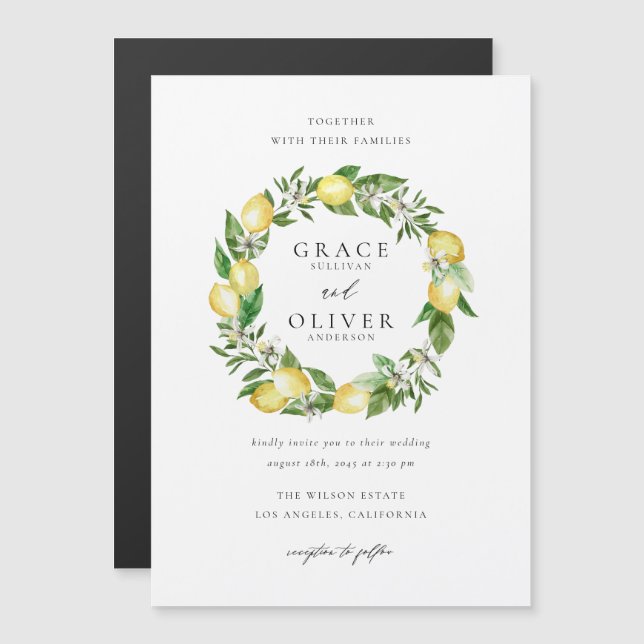 Invitation Magnétique Botanical Lemon and Greenery Wreath Garden Wedding (Devant / Derrière)