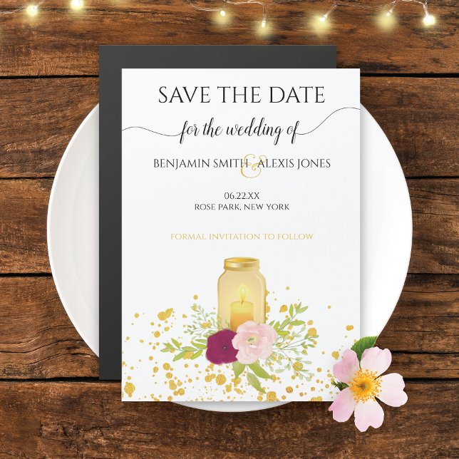 Invitation Magnétique Bougie Mason Jar Gold Sparkle Enregistrer la date (Créateur téléchargé)