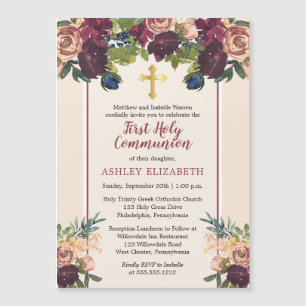 Invitation Magnétique Bourgogne  Blush Watercolor Floral Communion Invit