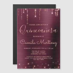 Invitation Magnétique Bourgogne et Rose Gold Quinceanera Party