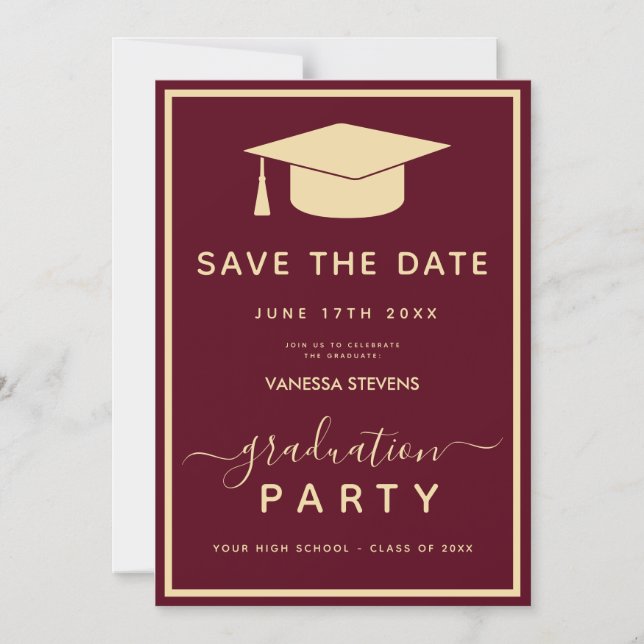 Invitation Magnétique Bourgogne Gold Classic Graduation Enregistrer la d (Recto)