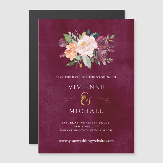 Invitation Magnétique Bourgogne | Mariage floral Enregistrer la date (Devant / Derrière)