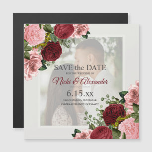 Invitation Magnétique Bourgogne romantique rose Save the Date photo