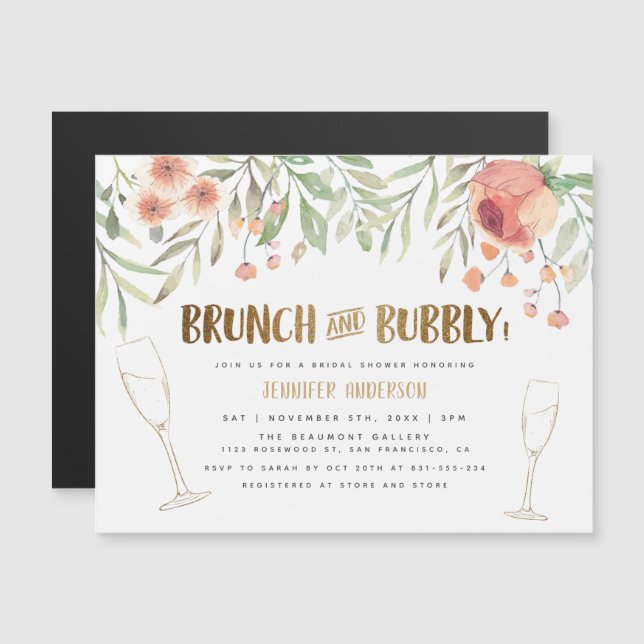 Invitation Magnétique Brunch & Bubbly Blush Glitter Doré Baby Shower Mar (Devant / Derrière)