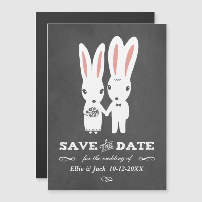 Invitation Magnétique Bunnies Mariage Chalkboard Style Enregistrer la da (Devant / Derrière)