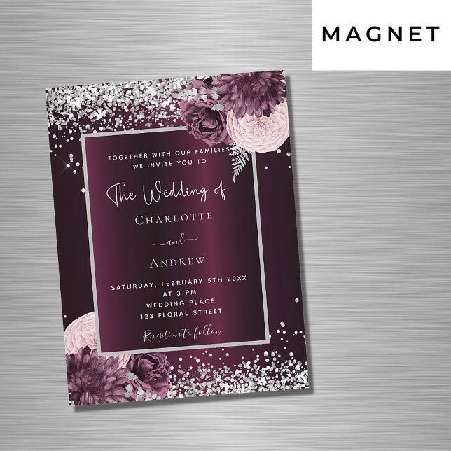 Invitation Magnétique Burgundy argent floral élégant luxe mariage (Créateur téléchargé)