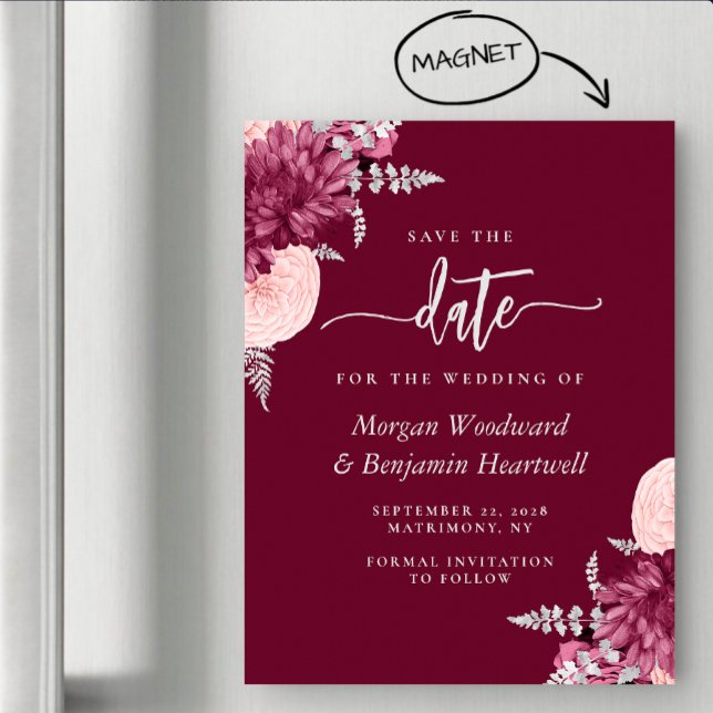 Invitation Magnétique Burgundy Blush Silver Floral Wedding Save the Date (Créateur téléchargé)