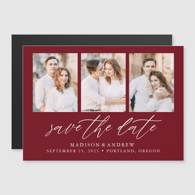 Invitation Magnétique Burgundy Elegant Script 3 Photo Save the Date (Devant / Derrière)