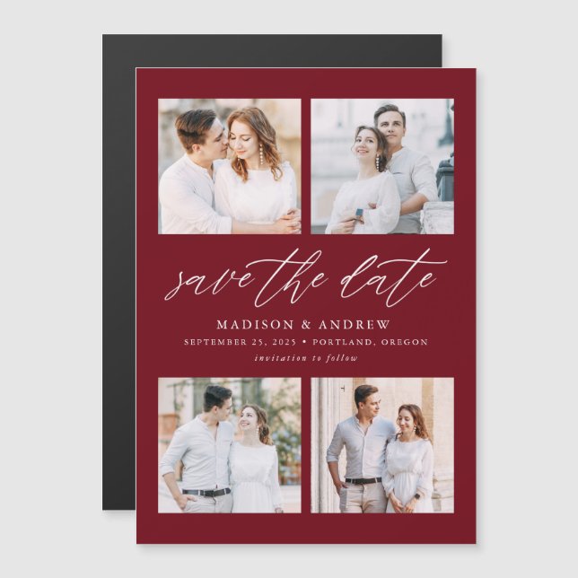 Invitation Magnétique Burgundy Elegant Script 4 Photo Save The Date (Devant / Derrière)