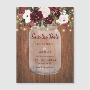 Invitation Magnétique Burgundy Floral Rustic Wood Wedding Enregistrer la