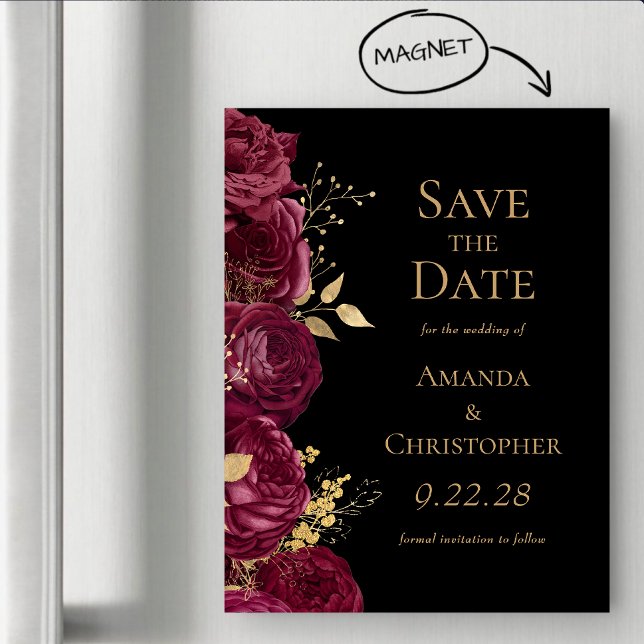 Invitation Magnétique Burgundy Gold Black Floral Wedding Enregistrer la  (Créateur téléchargé)