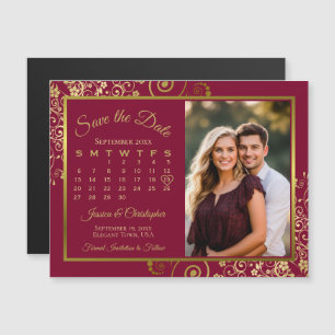 Invitation Magnétique Burgundy & Gold Calendrier photo Enregistrer la da
