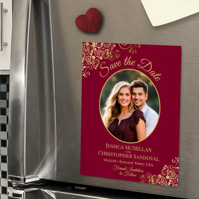 Invitation Magnétique Burgundy & Gold Fancy Wedding Save the Date Photo (Magnetic Card for Easy Display!)