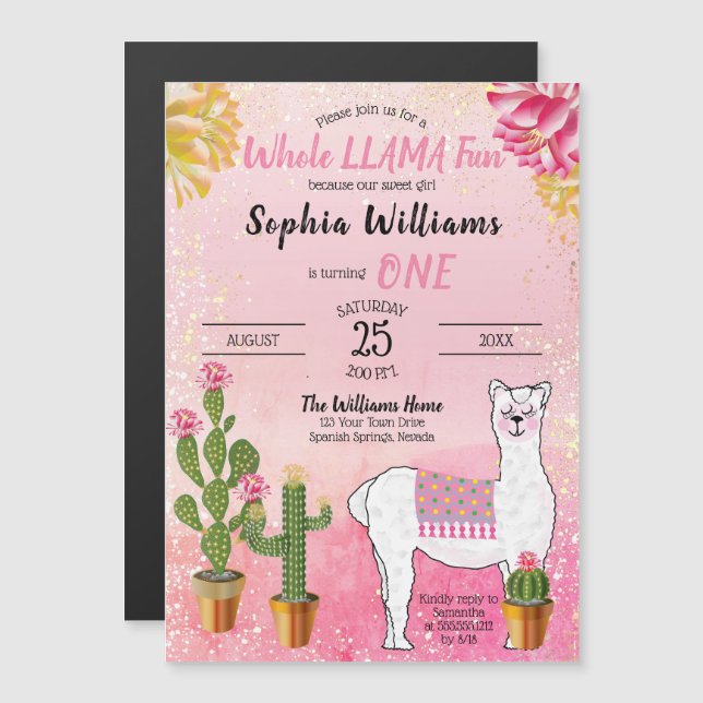 Invitation Magnétique Cactus| Fête d'anniversaire de la toute Llama Fun  (Devant / Derrière)