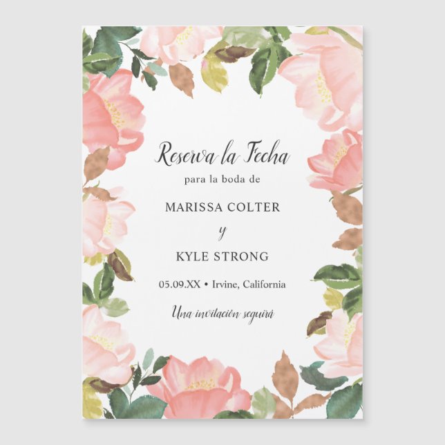 Invitation Magnétique Cadre floral rose Mariage espagnol Enregistrer la  (Devant)