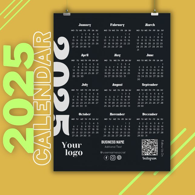 Invitation Magnétique Calendrier 2025 Année Noir Et Blanc Entreprise (yearly calendar, 2025 yearly calendar, corporate calendar, 5x7 magnets office gifts, )