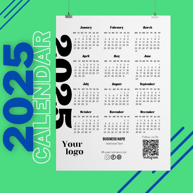 Invitation Magnétique Calendrier 2025 Année Noir Et Blanc Entreprise (2025 Year Calendar Black And White Corporate calendar, calendar magnet, yearly calendar, )
