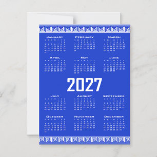 Invitation Magnétique Calendrier 2027, Frette Grecque, Blanc sur Bleu Gr