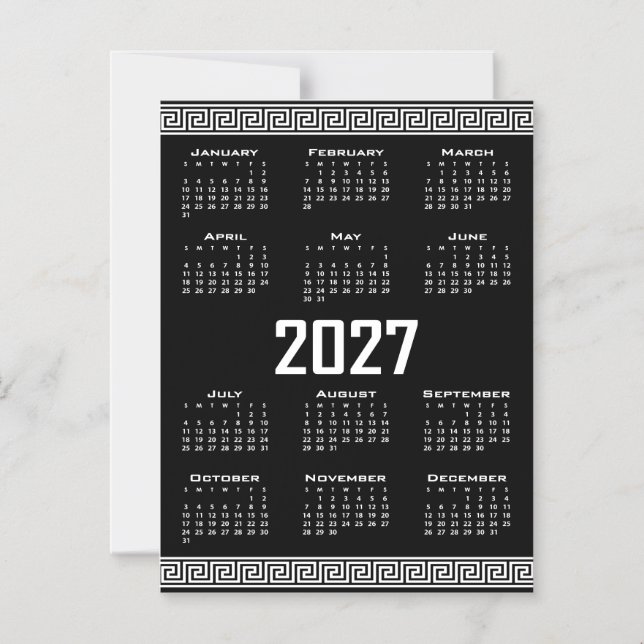 Invitation Magnétique Calendrier 2027, Frise Grecque, Blanc sur Noir (Recto)