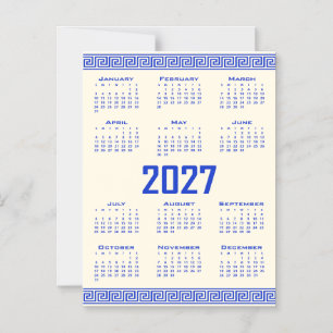 Invitation Magnétique Calendrier 2027, Méandre Grec, Grec Bleu sur Latte