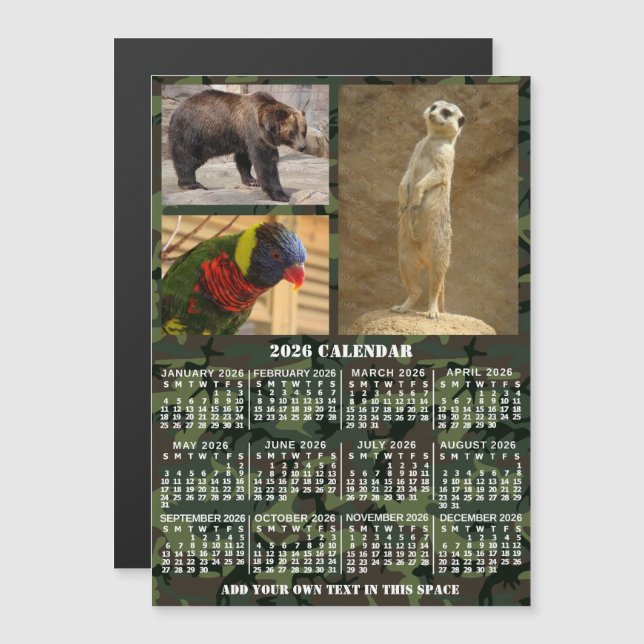 Invitation Magnétique Calendrier de l'année 2026 Camouflage Ajouter 3 Ph (Devant / Derrière)