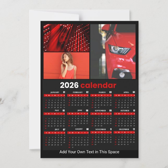 Invitation Magnétique Calendrier de l'année 2026 noir rouge personnalisé (Recto)