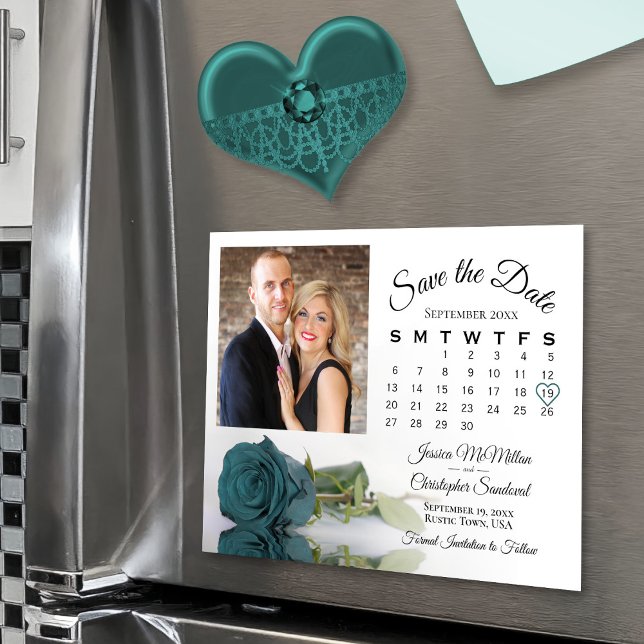 Invitation Magnétique Calendrier du Rose turquoise Mariage photo Date de (Magnetic Card perfect for display on fridge!)