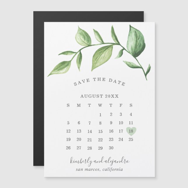 Invitation Magnétique Calendrier Rustique Verdure Enregistrer la Date (Devant / Derrière)