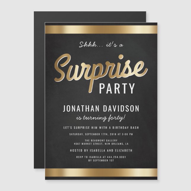 Invitation Magnétique Caramel Gold et Black Surprise fête d'anniversaire (Devant / Derrière)