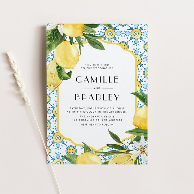 Invitation Magnétique Carrelage marocain et citrons Mariage méditerranée (Watercolor Moroccan Tile and Lemon Design Mediterranean Wedding Invitation Magnet)