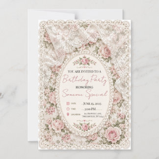 Invitation Magnétique Carton d'invitation vintage rose avec dentelle flo