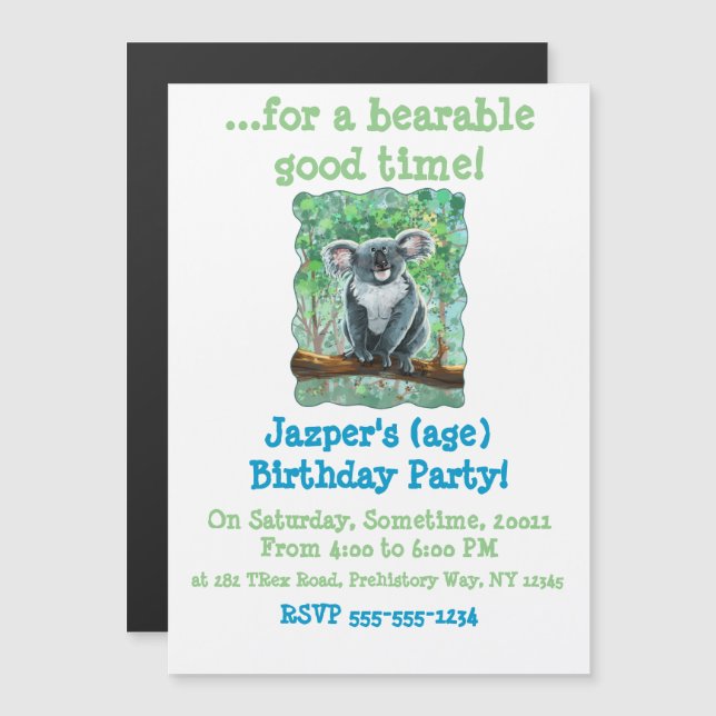 Invitation Magnétique Centre de fête avec un ours koala mignon (Devant / Derrière)