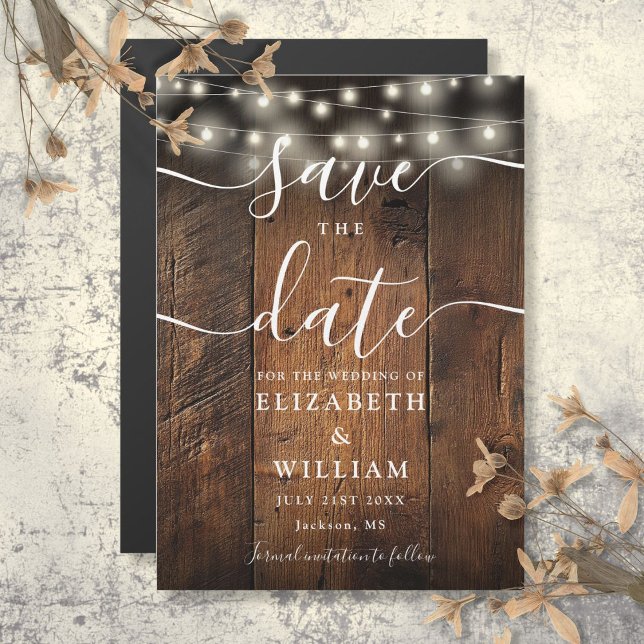 Invitation Magnétique Chaîne Lights Mariage Rustique Bois Enregistrer La (String Lights Rustic Wood Wedding Save The Date Magnetic Invitation)