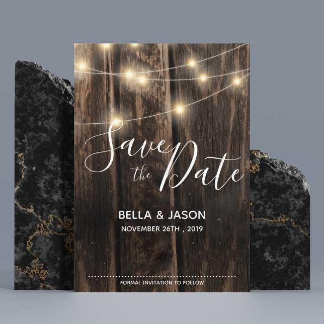 Invitation Magnétique Chaîne Rustique Bois Éclairage Mariage Enregistrer (Rustic Wood String Lights Wedding Save The Date Magnetic Invitation)