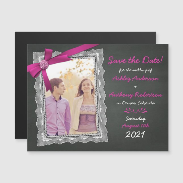 Invitation Magnétique Chalkboard Magenta Bow photo Wedding Enregistrer l (Devant / Derrière)