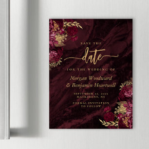 Invitation Magnétique Chic Bourgogne Or Fleurs Mariage Enregistrer la Da