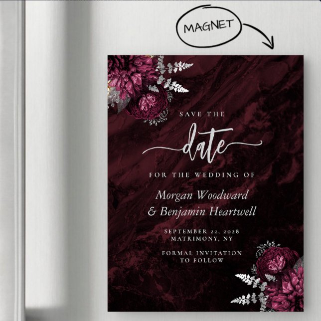 Invitation Magnétique Chic Burgundy Silver Floral Wedding Enregistrer la (Créateur téléchargé)