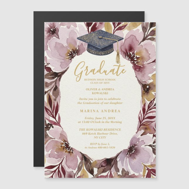 Invitation Magnétique Chic Delicate Pink Floral Wreath Graduation Cap (Devant / Derrière)
