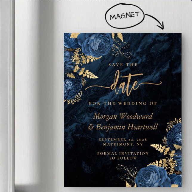 Invitation Magnétique Chic Navy Blue Gold Floral Wedding Save the Date (Créateur téléchargé)