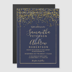 Invitation Magnétique Chic or confetti marine bleu typographie mariage