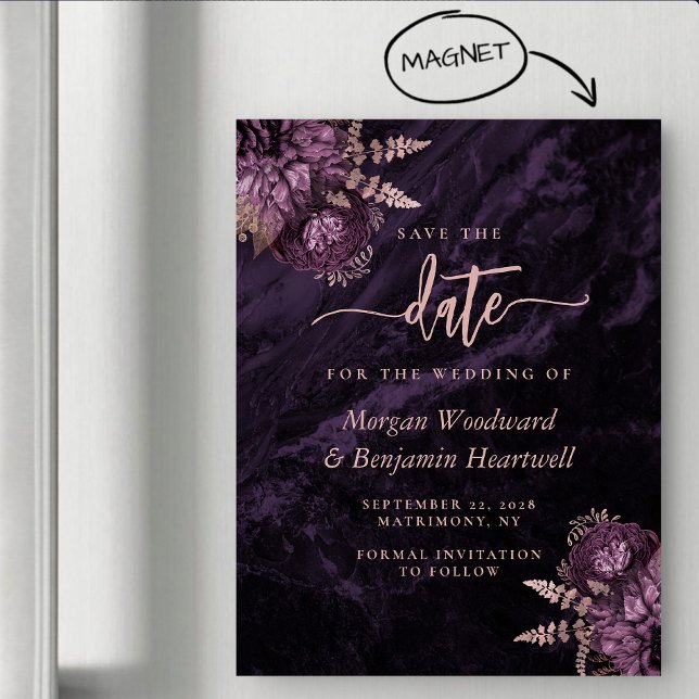 Invitation Magnétique Chic Purple Rose Gold Floral Wedding Save the Date (Créateur téléchargé)