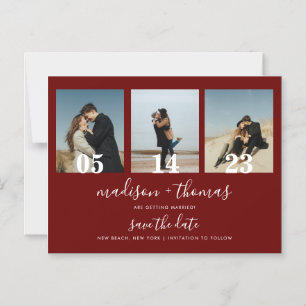 Invitation Magnétique Chic Red Script 3 Photo Mariage Enregistrer La Dat