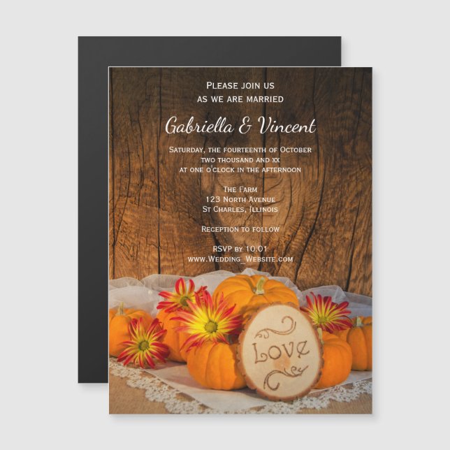 Invitation Magnétique Citrouille rustique Automne Mariage de la grange (Devant / Derrière)