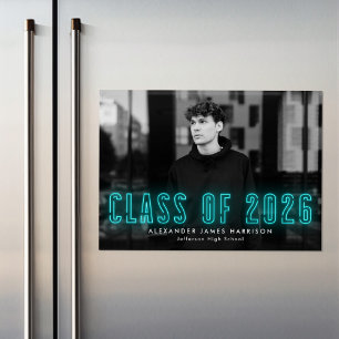 Invitation Magnétique Classe Cyan Neon moderne de 2025 - Diplôme photo